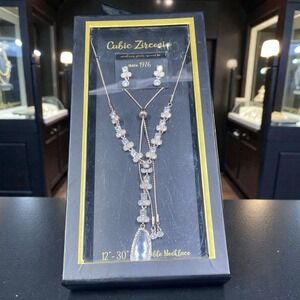 Cubic Zirconia Necklace Earring Set Adjustable Glam Sparkly Gift Holiday New